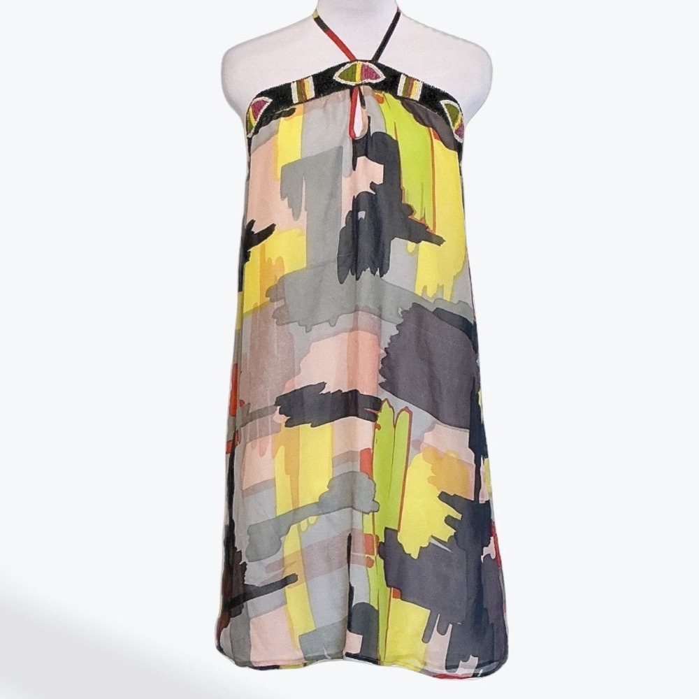 Chelsea‎ Flower Womens Silk Halter Mini Dress Abstract Beaded Multi Color Size M